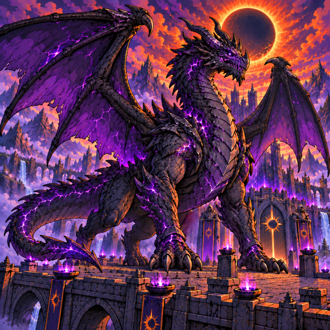 Fardrax, um dragão colossal do Vazio, diante da Cidadela do Eclipse em pixel art